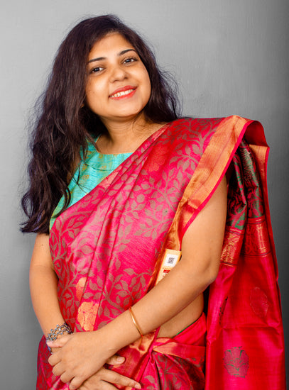 Half and Half Handwoven Cerise Tussar Silk Sari.  Half of the Sari weaved floral pattern and half of the only flower motifs.