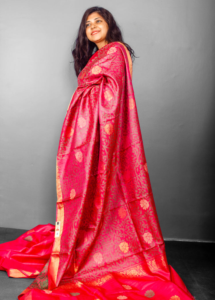 Half and Half Handwoven Cerise Tussar Silk Sari.  Half of the Sari weaved floral pattern and half of the only flower motifs.