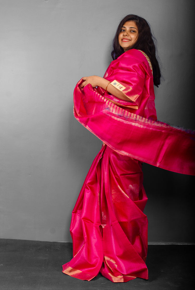 Handwoven Pink Tussar Silk Sari With Beautiful Flower and Rich Striped Pallu