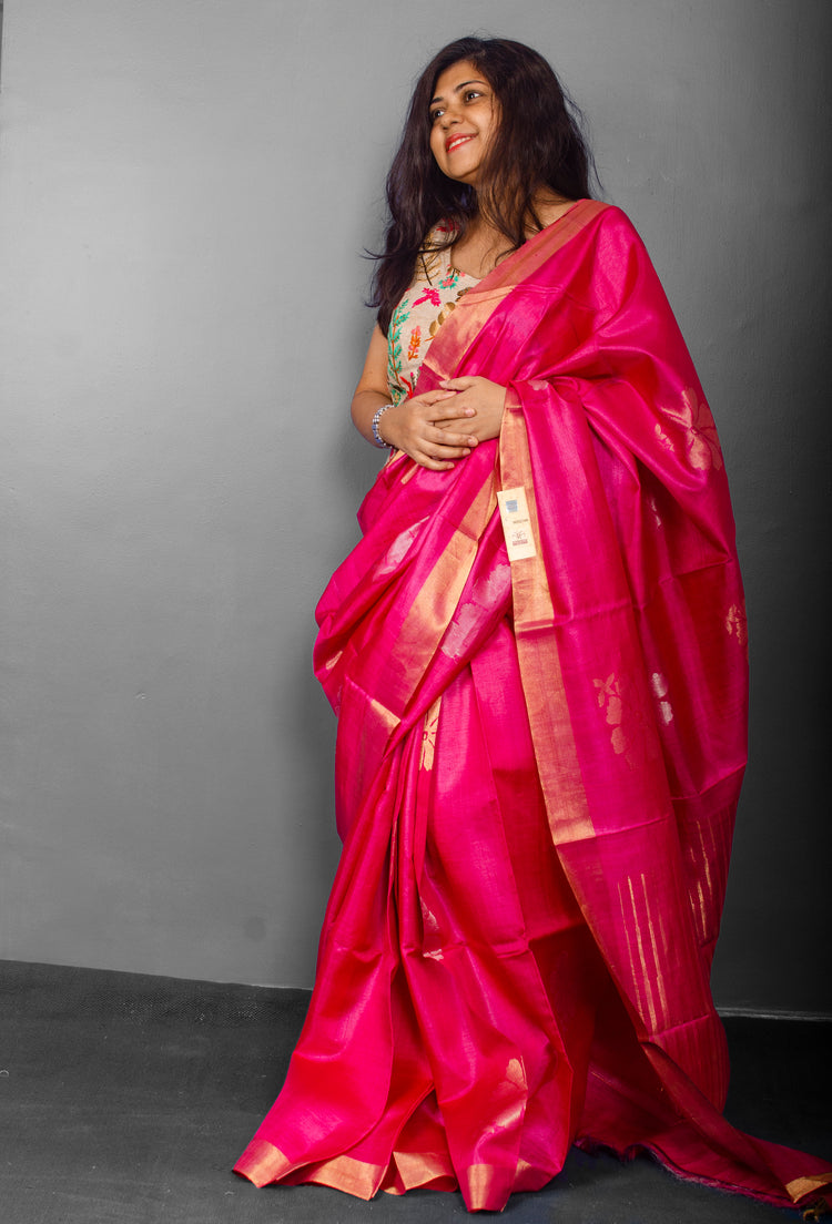 Handwoven Pink Tussar Silk Sari With Beautiful Flower and Rich Striped Pallu
