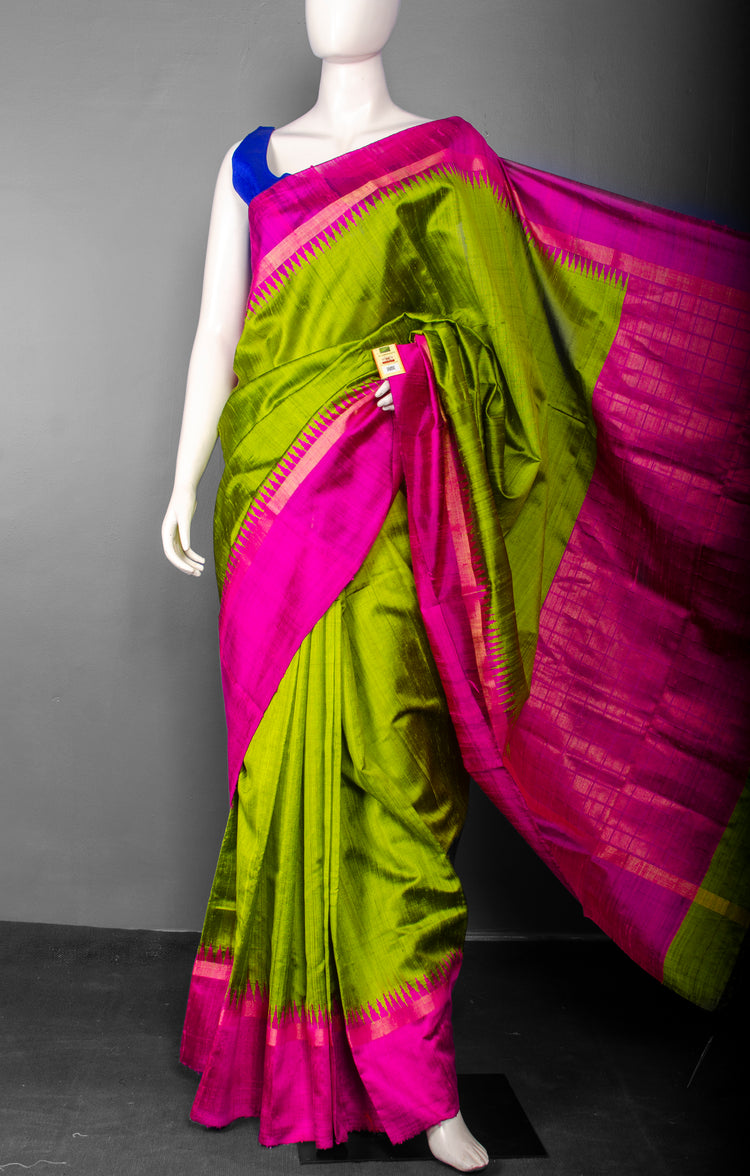 Handwoven Pure Raw Silk with Bright Pink Temple Border