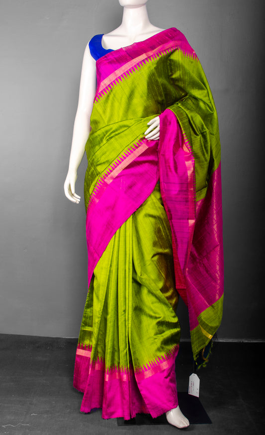 Handwoven Pure Raw Silk with Bright Pink Temple Border