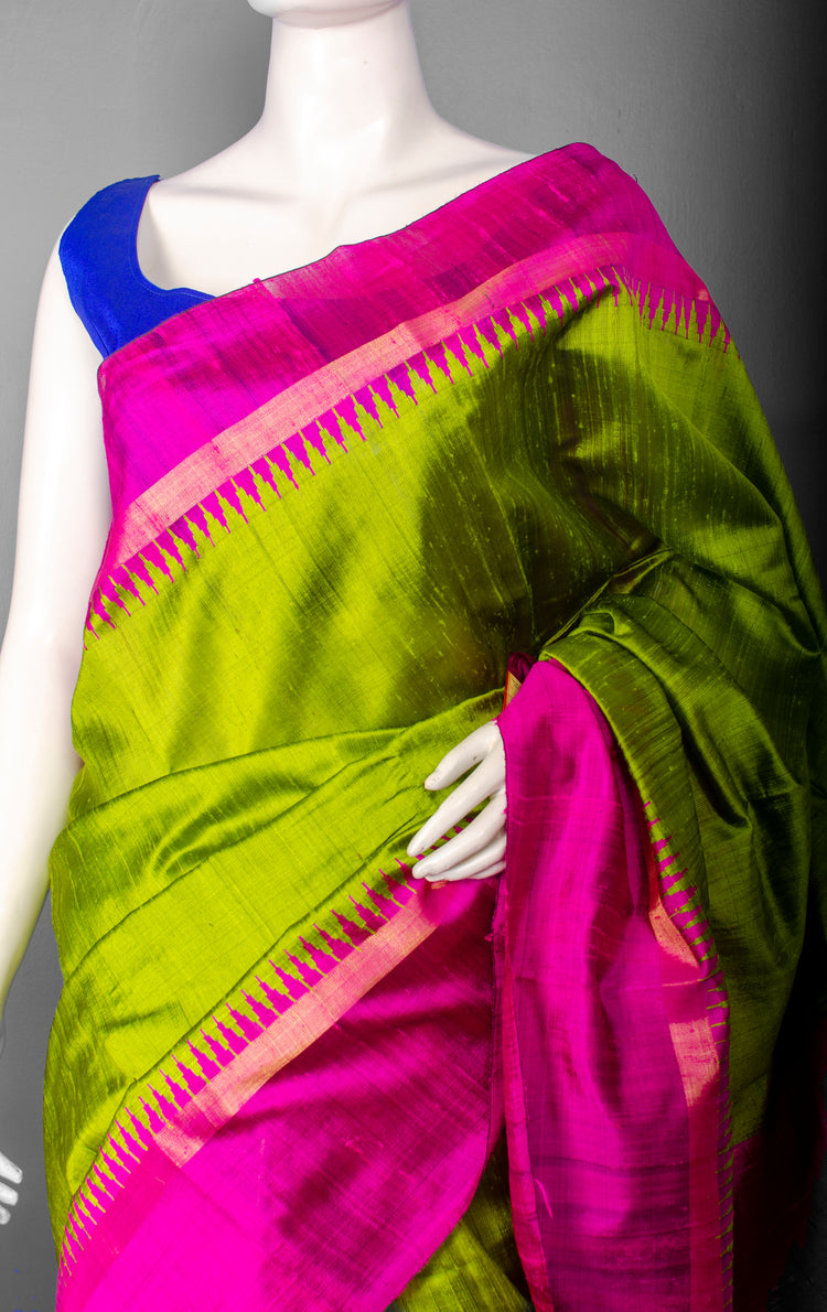 Handwoven Pure Raw Silk with Bright Pink Temple Border