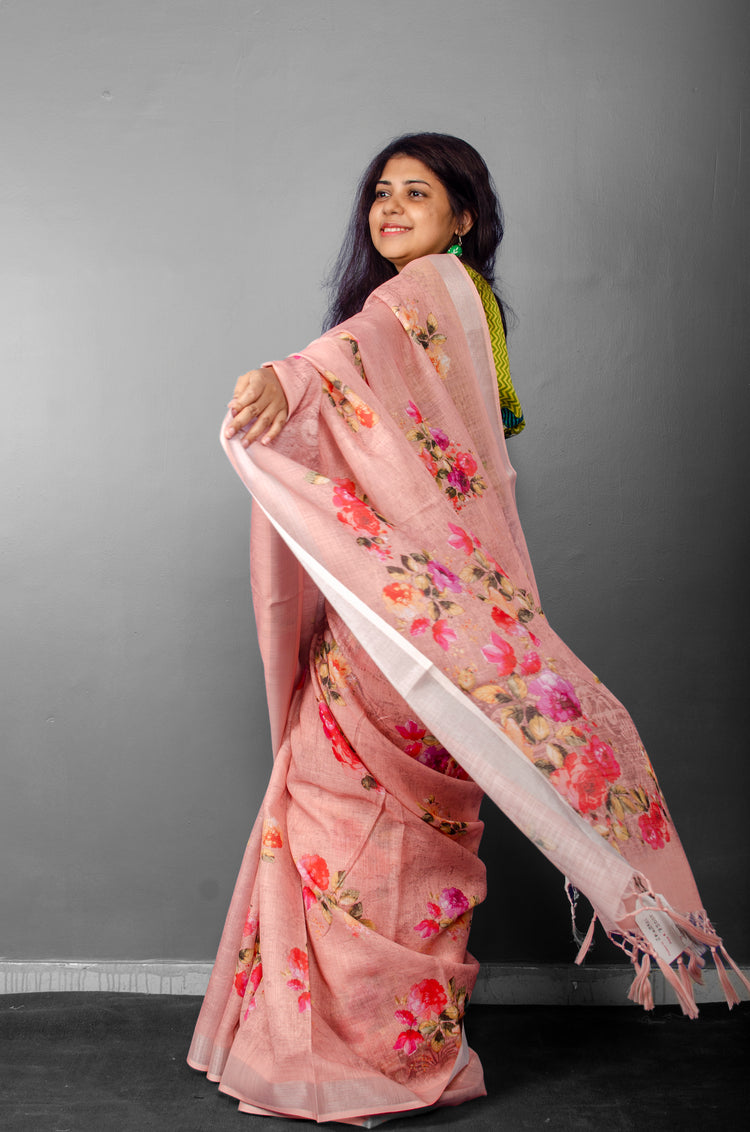 Linen Digital Floral Print Sari in Pastel Hue of Red