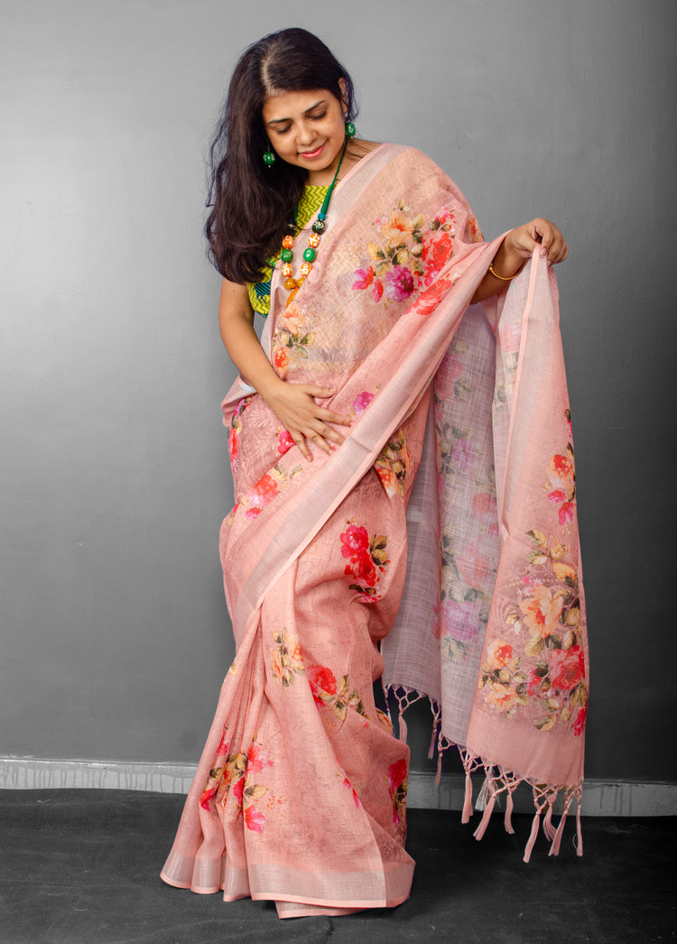 Linen Digital Floral Print Sari in Pastel Hue of Red