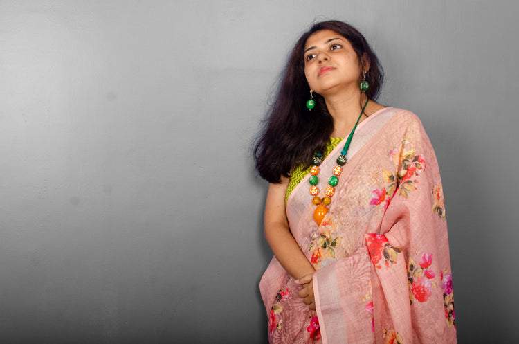 Linen Digital Floral Print Sari in Pastel Hue of Red
