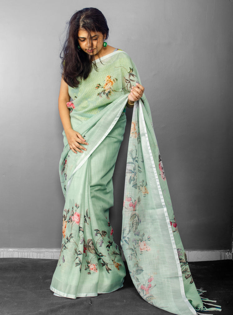 Linen Digital Floral Print Sari in Pastel Hue of Pista Green