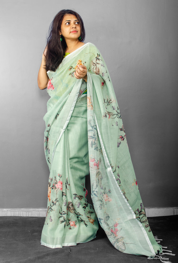 Linen Digital Floral Print Sari in Pastel Hue of Pista Green