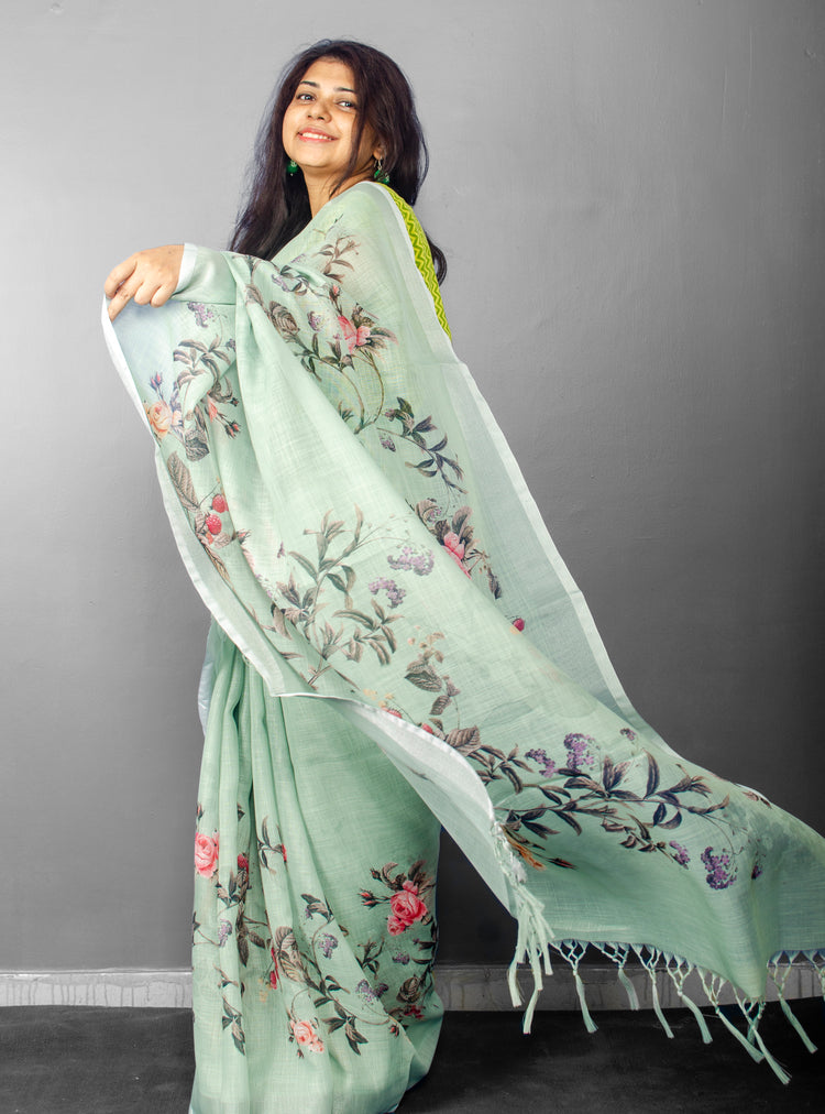 Linen Digital Floral Print Sari in Pastel Hue of Pista Green