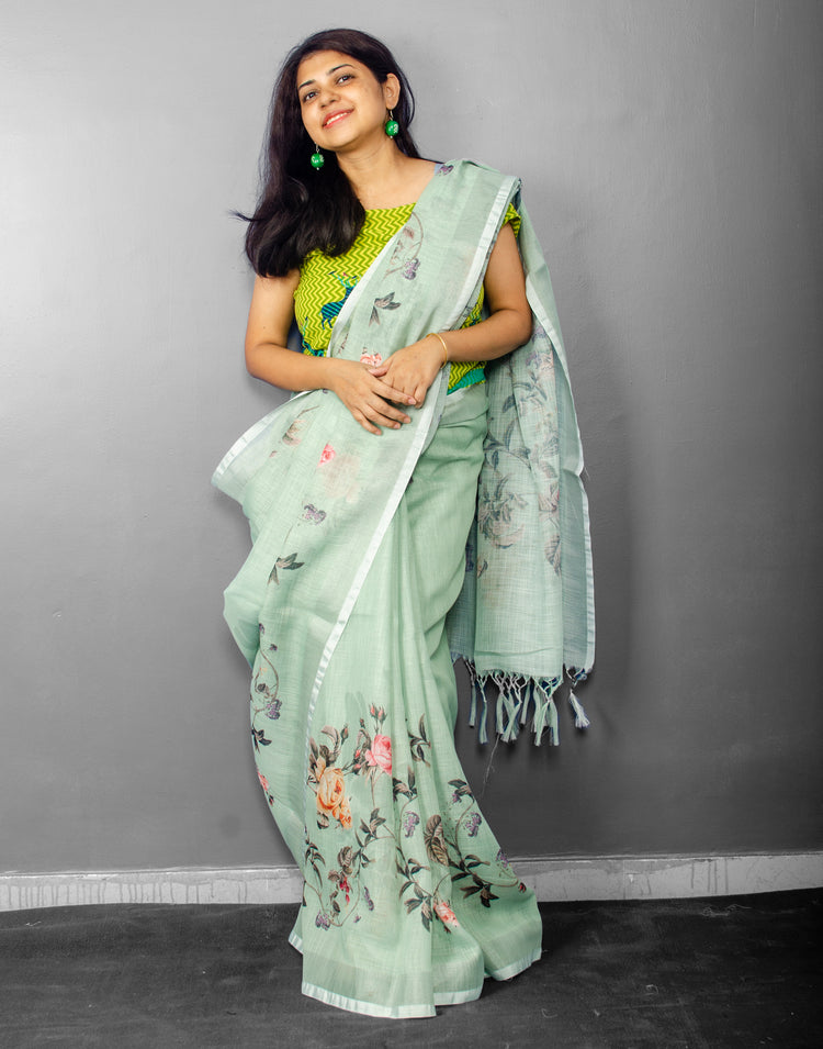 Linen Digital Floral Print Sari in Pastel Hue of Pista Green
