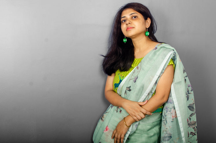 Linen Digital Floral Print Sari in Pastel Hue of Pista Green