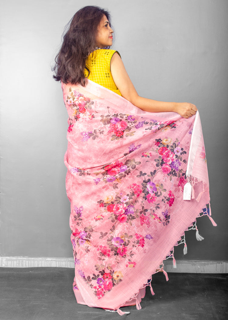 Linen Digital Floral Print Sari in Pastel Hue of Pink