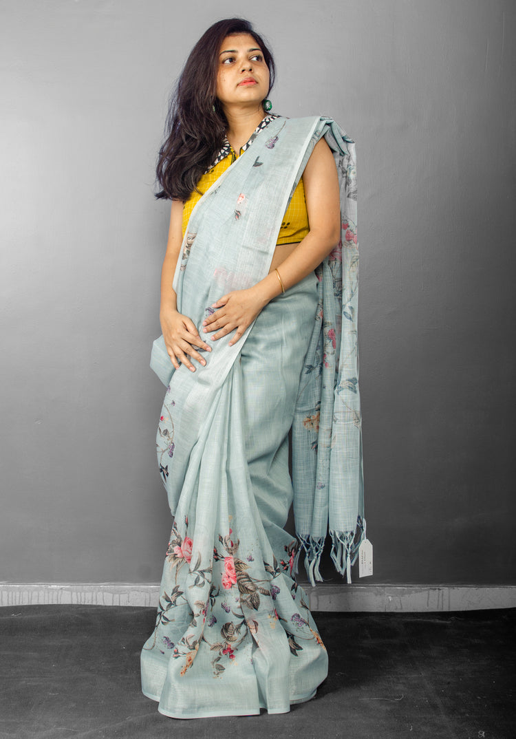Linen Digital Floral Print Sari in Pastel Hue of Cement Grey
