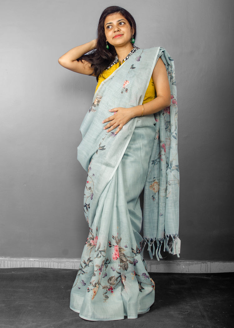 Linen Digital Floral Print Sari in Pastel Hue of Cement Grey