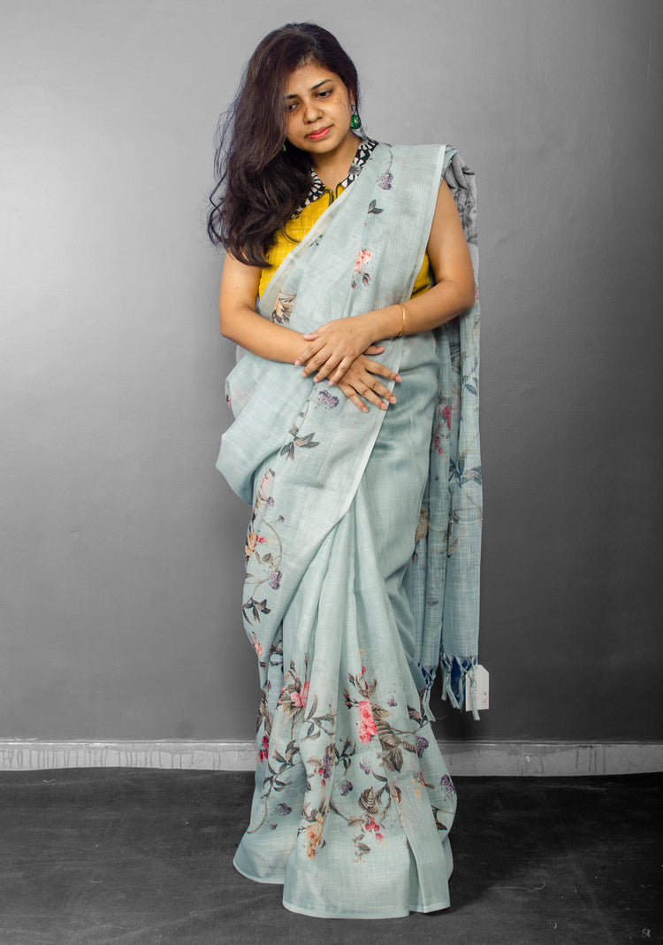 Linen Digital Floral Print Sari in Pastel Hue of Cement Grey