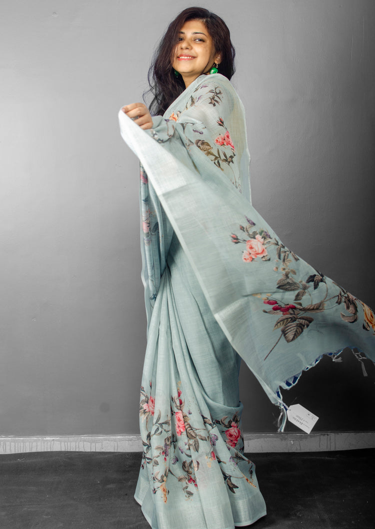 Linen Digital Floral Print Sari in Pastel Hue of Cement Grey