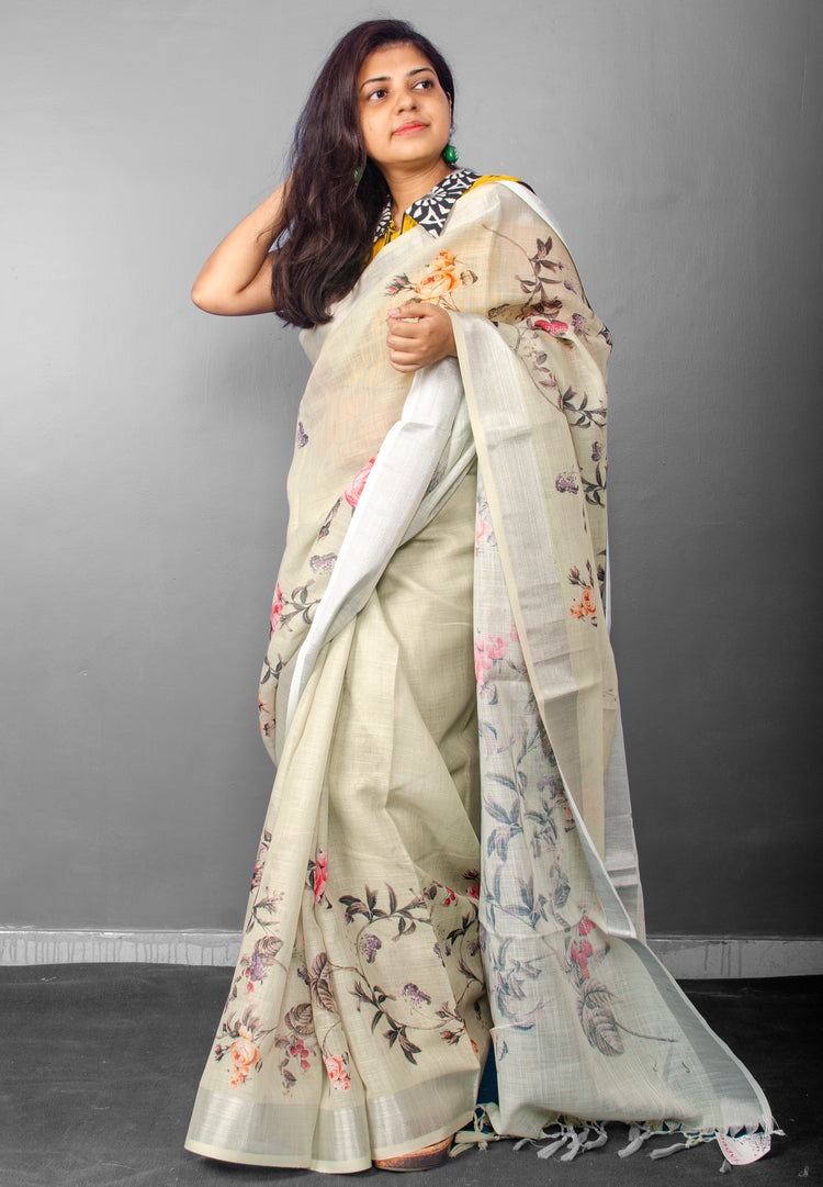 Linen Digital Floral Print Sari in Pastel Hue of Pista Green