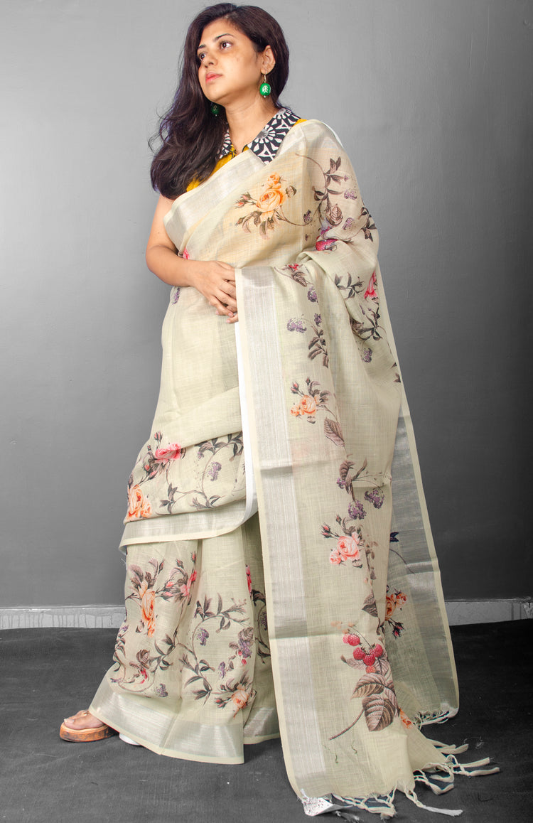 Linen Digital Floral Print Sari in Pastel Hue of Pista Green