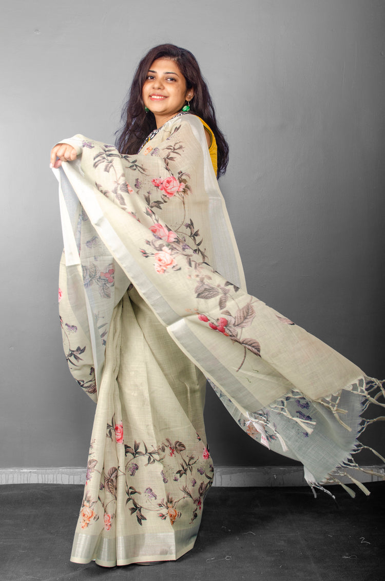 Linen Digital Floral Print Sari in Pastel Hue of Pista Green