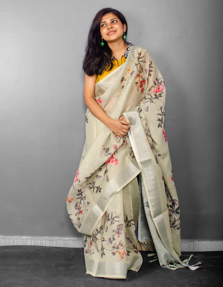 Linen Digital Floral Print Sari in Pastel Hue of Pista Green