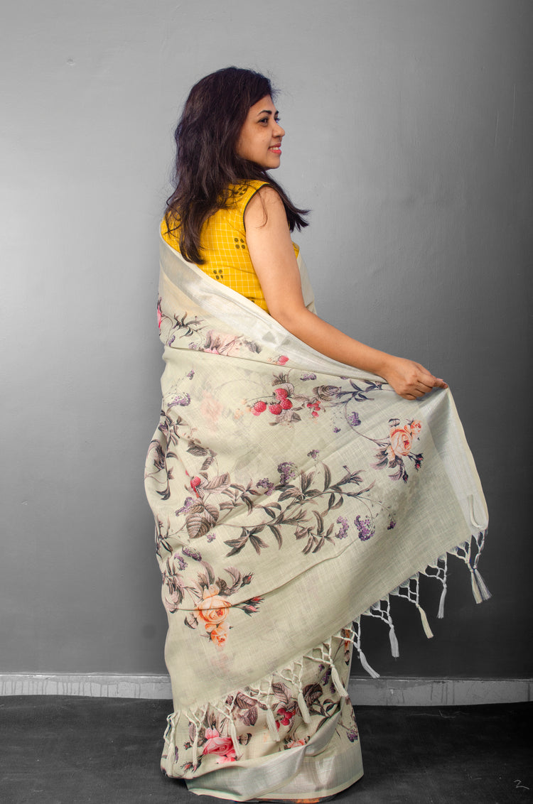 Linen Digital Floral Print Sari in Pastel Hue of Pista Green