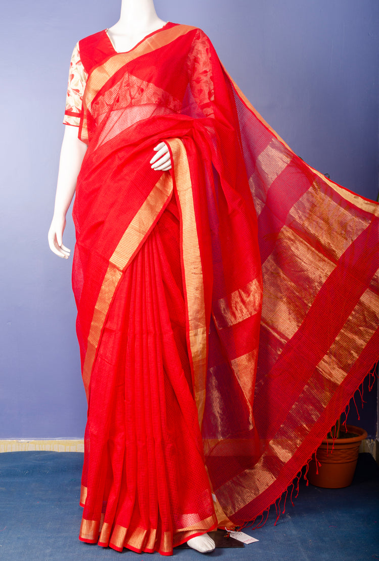 Handwoven Red Pure Kota Silk Sari