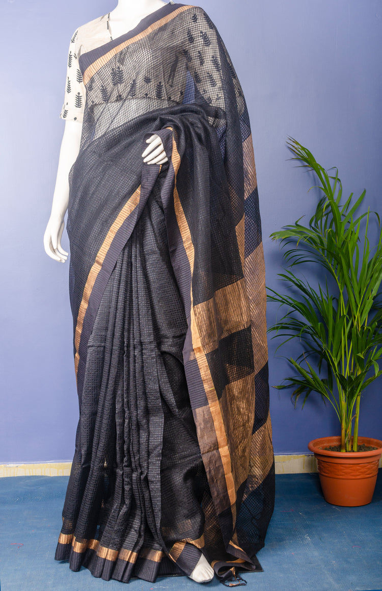 Handwoven Black Kota Silk Sari.