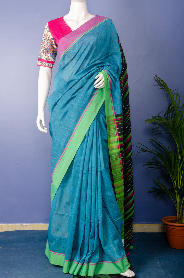 Handloom Sky Colour Pure Cotton Sari