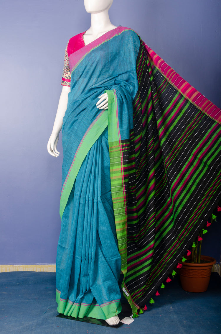 Handloom Sky Colour Pure Cotton Sari