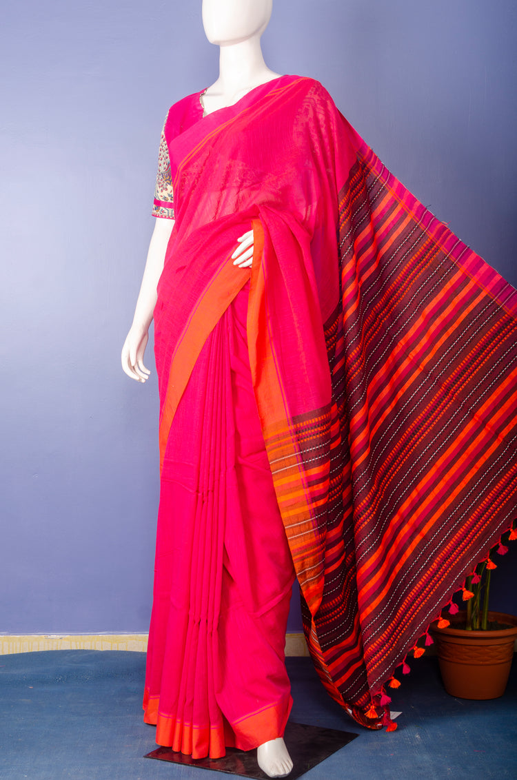 Handloom Redish Pink Cotton Sari