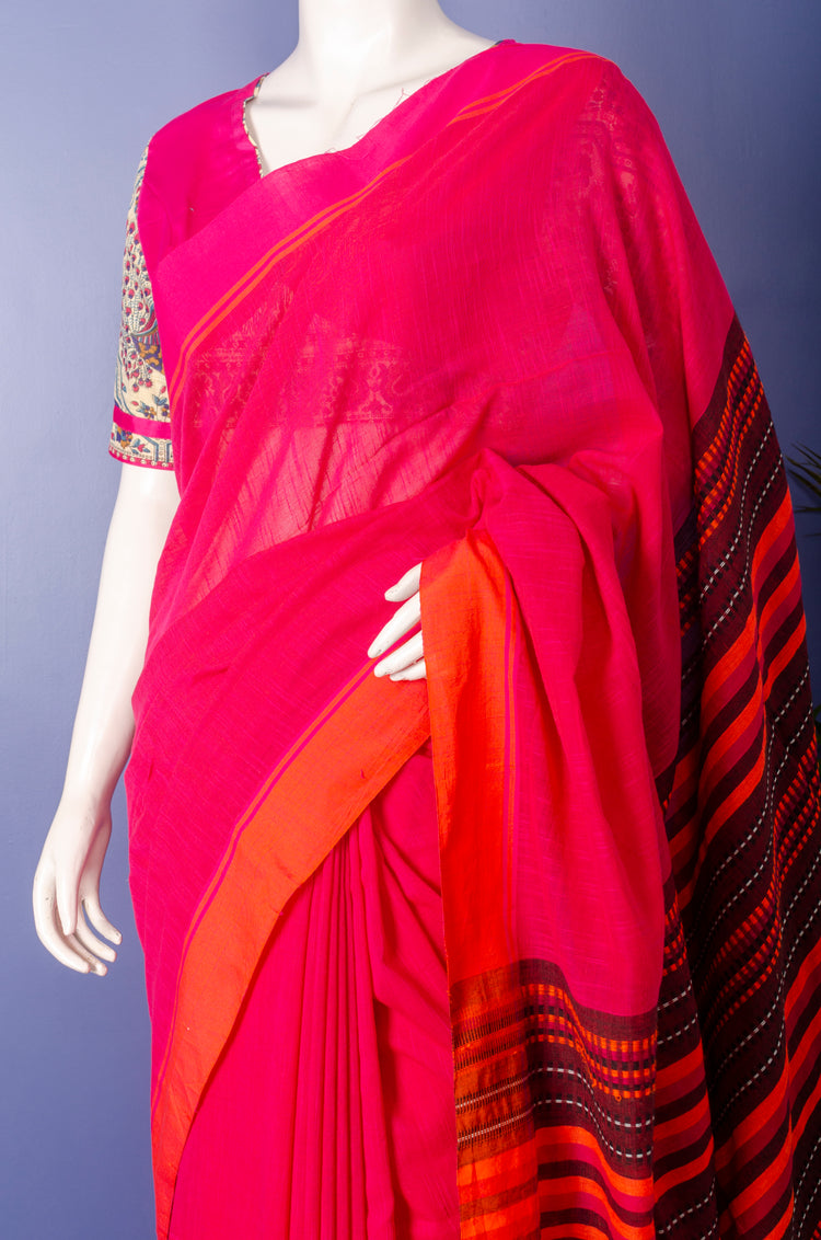 Handloom Redish Pink Cotton Sari