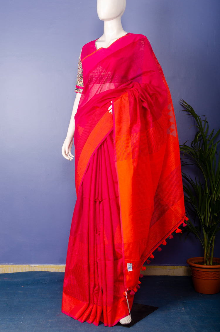 Pure Handloom Pink-Orange Cotton Silk Sari.