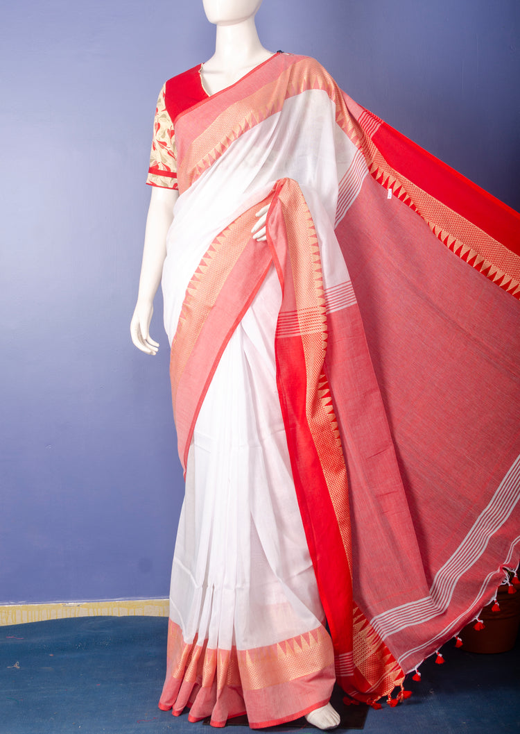 Handwoven white with Red Border Cotton Sari