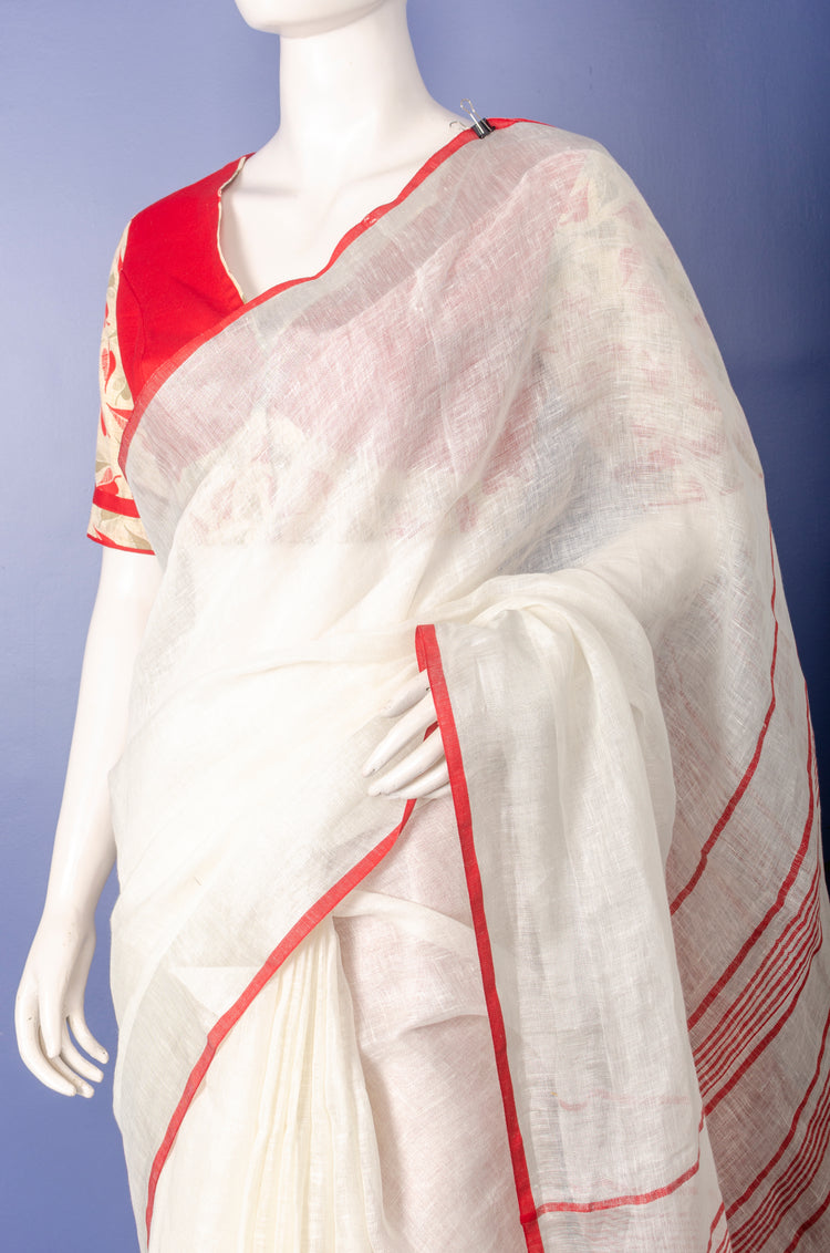 Handwoven white with Silver-Red Border Linen Sari