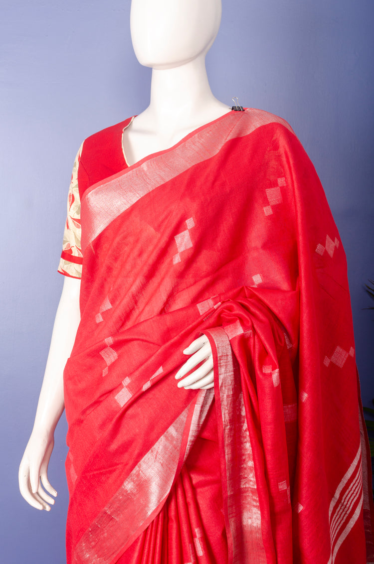 Pure Handloom Red Cotton Sari with Silver Border and Motifs