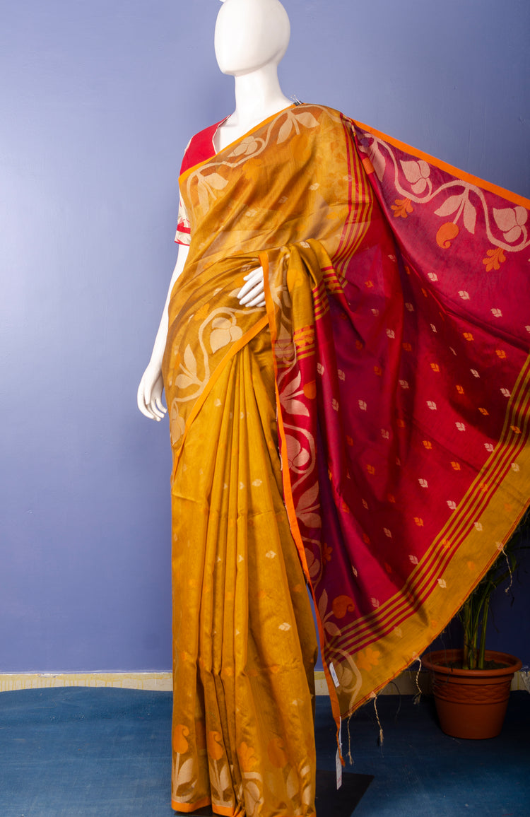 Handwoven Mustard with Red Pallu Cotton Silk Sari