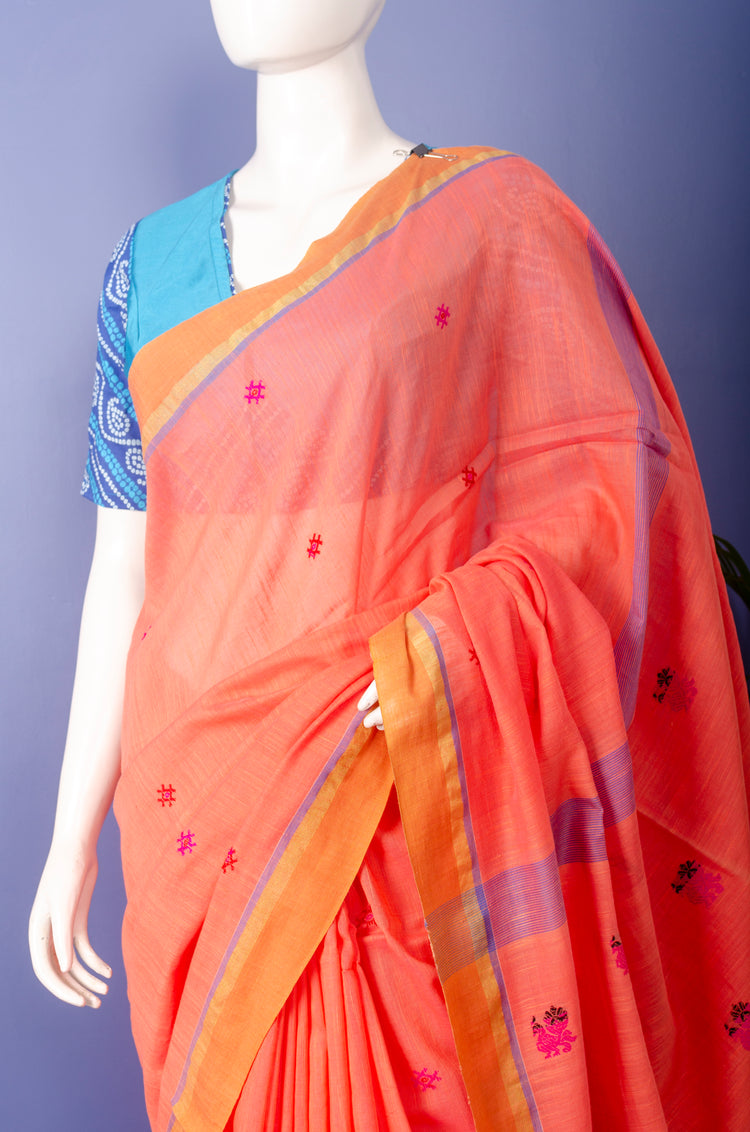 Cantaloupe Handwoven Jamdani Cotton Sari