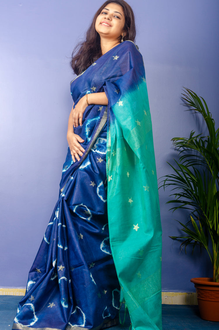 Navy Blue With Mint Green Pallu Sari