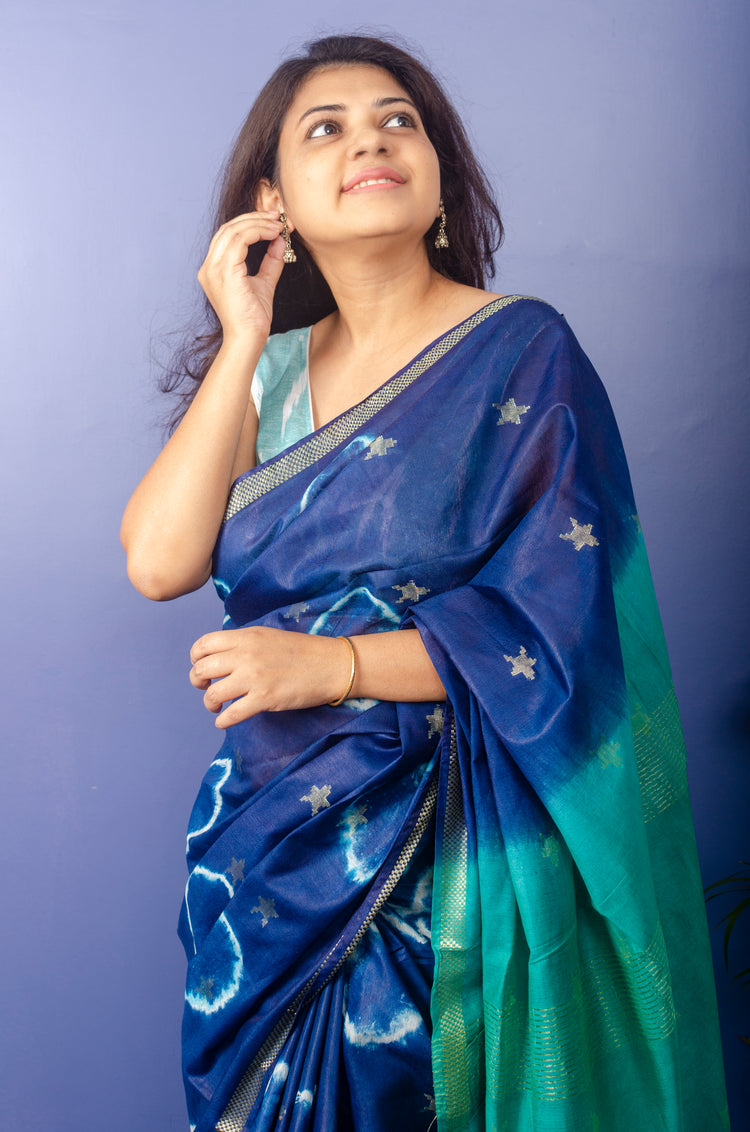 Navy Blue With Mint Green Pallu Sari