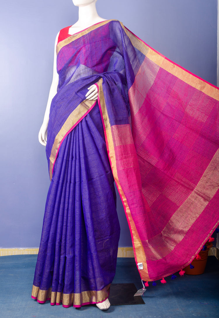 Handwoven Blue with Pink Pallu Cotton Silk Sari