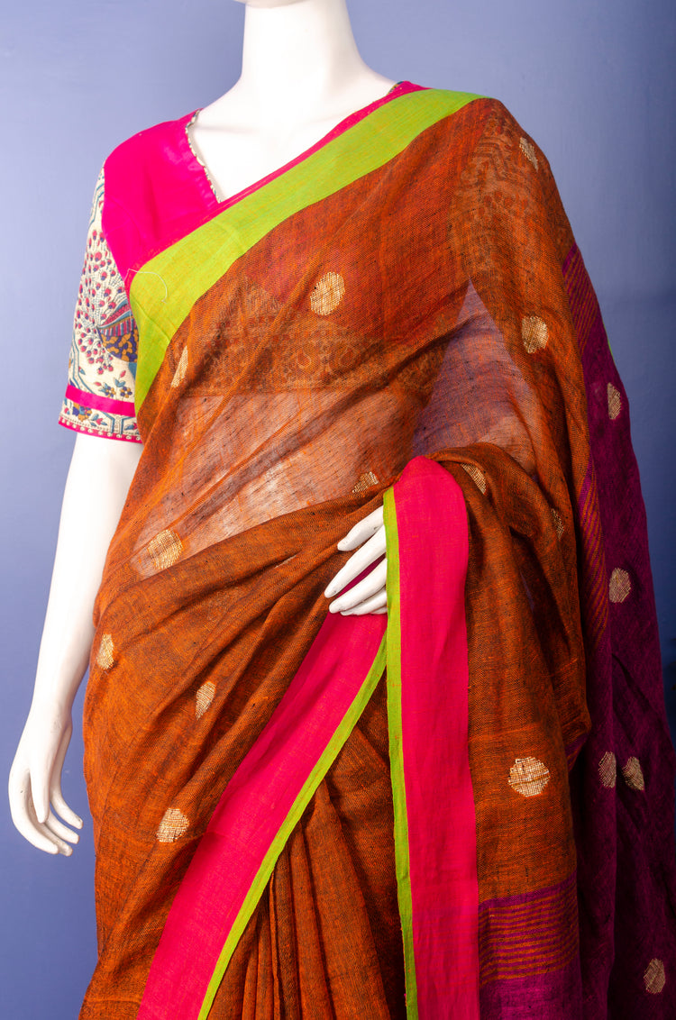 Handwoven Rust Colour Linen Sari with all over motifs