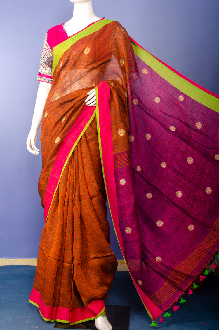 Handwoven Rust Colour Linen Sari with all over motifs