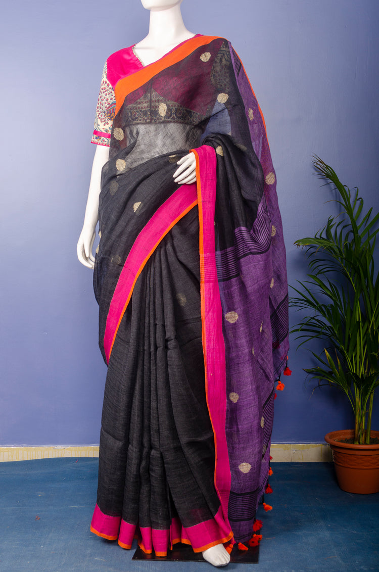 Handwoven Black Colour Linen with Purple Pallu Sari