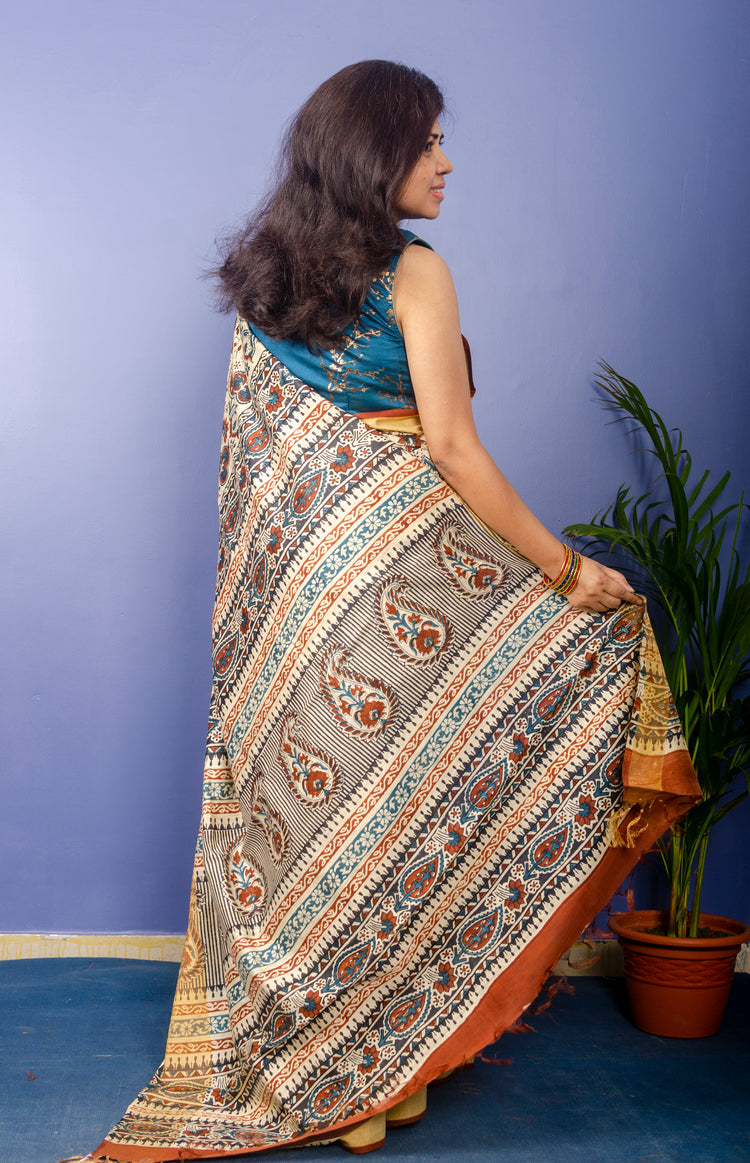 Beautiful Kalamkari Print on Pure Tusser Silk Saree
