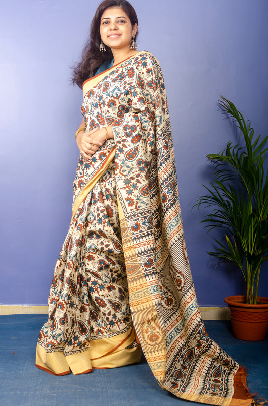 Beautiful Kalamkari Print on Pure Tusser Silk Saree