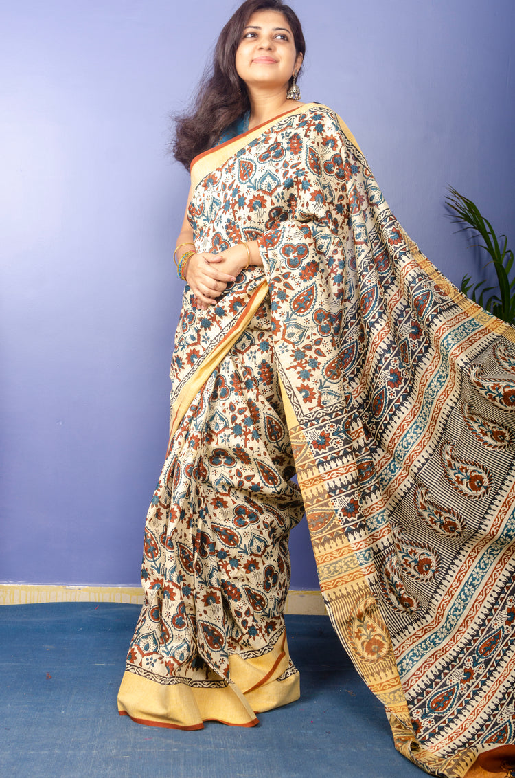 Beautiful Kalamkari Print on Pure Tusser Silk Saree