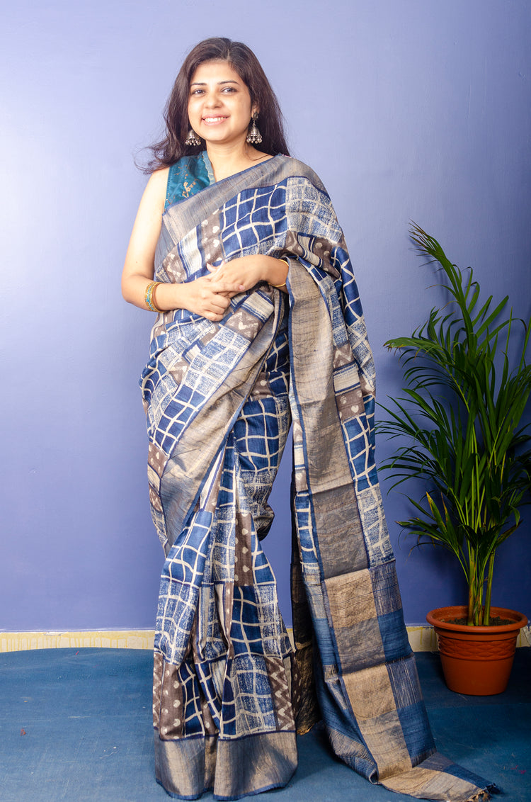 Prussian Blue Hand Block Print on Pure Tussar Silk