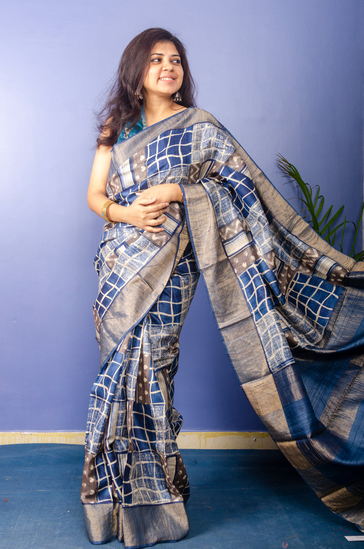 Prussian Blue Hand Block Print on Pure Tussar Silk