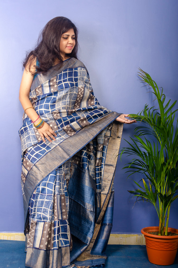 Prussian Blue Hand Block Print on Pure Tussar Silk