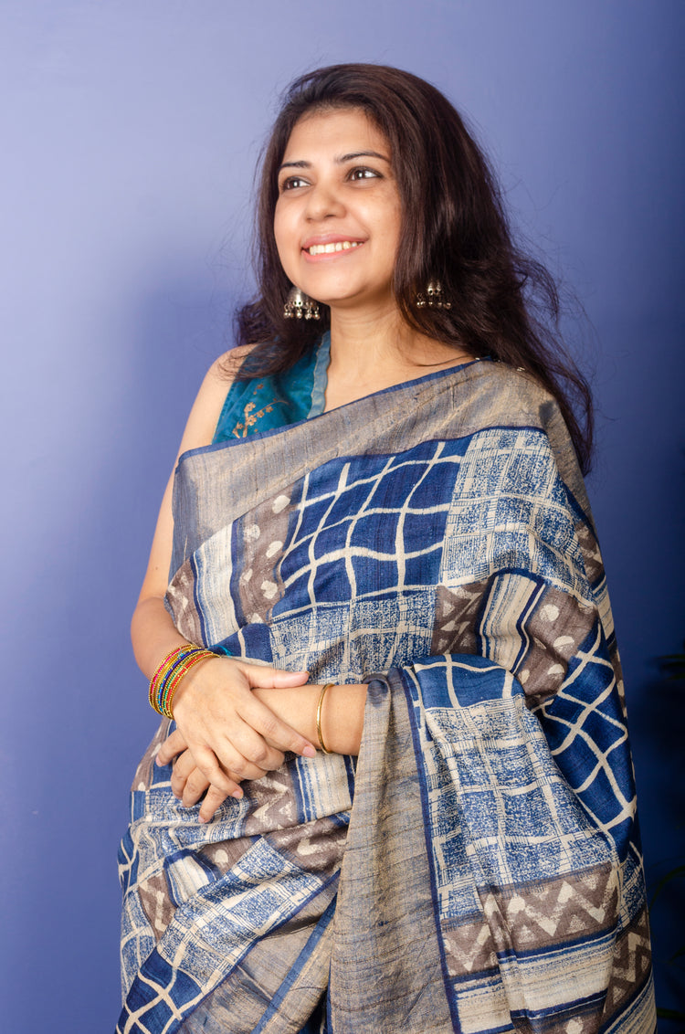 Prussian Blue Hand Block Print on Pure Tussar Silk